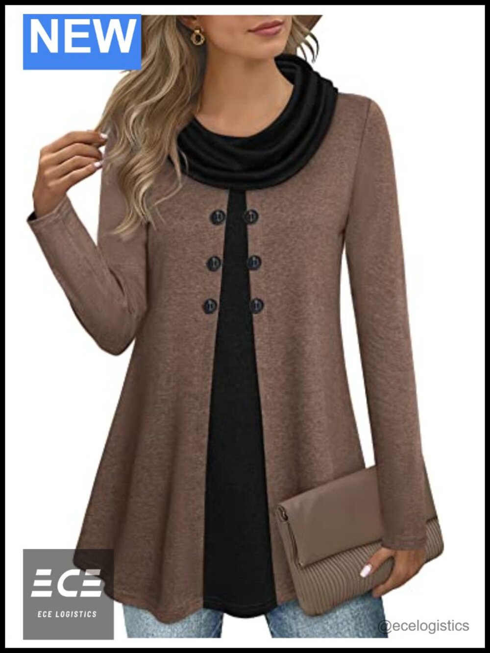 Womens Long Sleeve Cowl Neck Tunic Top Button A-Line Warm Winter
